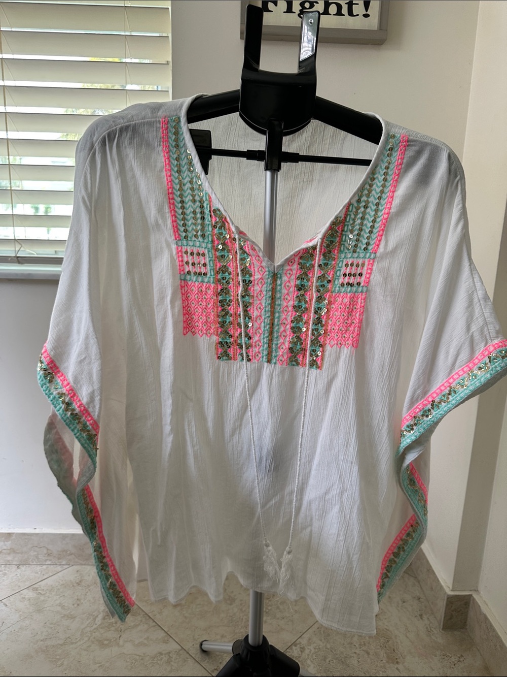 Lilly Pulitzer White Caftan/ Swim Cover-Up with Pink & Mint Embroidery Accents